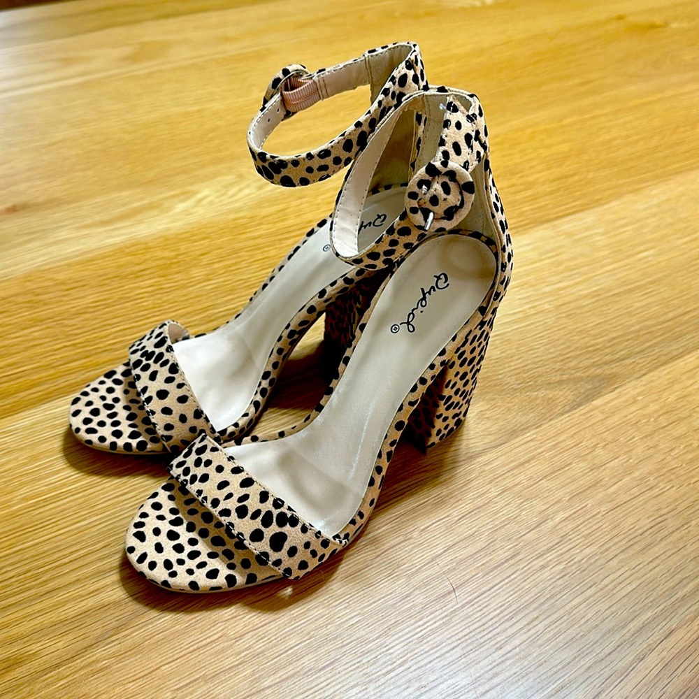 Qupid Cheetah Ankle Strap Block Heels NEW